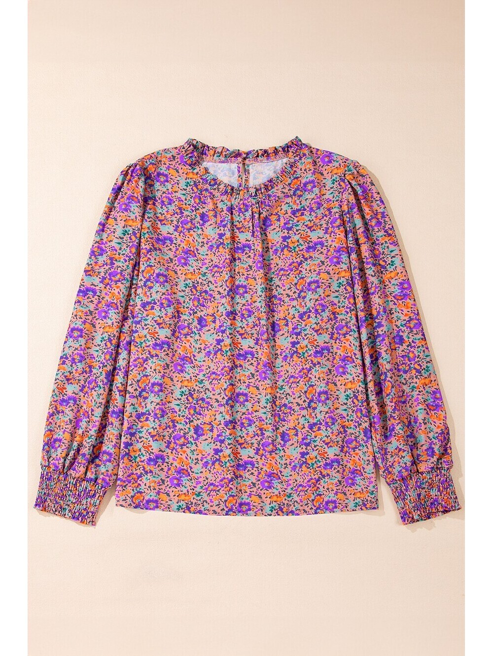 Women's Long Sleeve Floral Print Blouse with Ruffled Neck and Smocked Cuffs - Picture 3 of 7